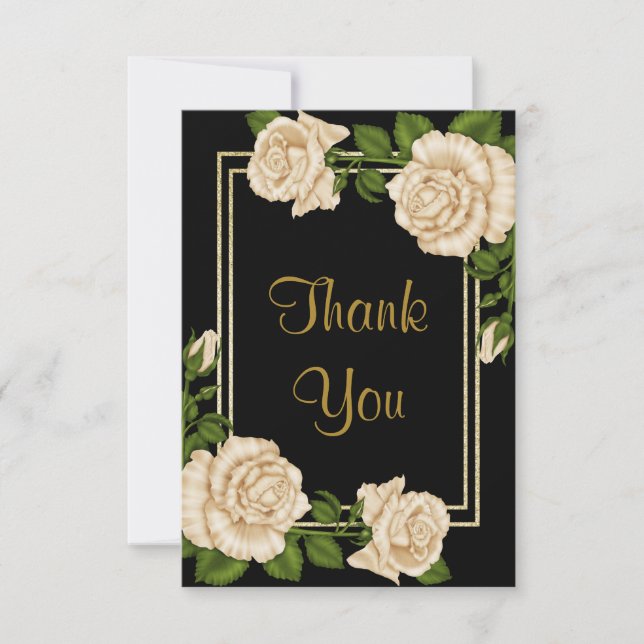 Elegant Ivory Roses & Gold Glitter  Thank You Card (Front)