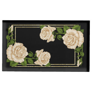 Elegant Ivory Roses & Gold Glitter Wedding Table Number Holder
