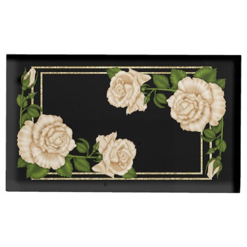 Elegant Ivory Roses  Gold Glitter Wedding Table Number Holder