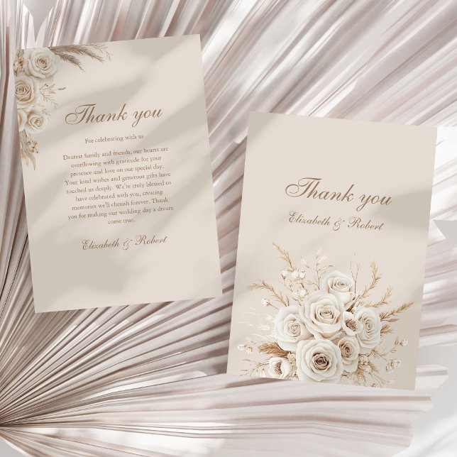 Elegant Ivory Roses Wedding Thank You Card (Elegant Ivory Roses Wedding Thank You Card on a neutral sunny dry palm leaf.)