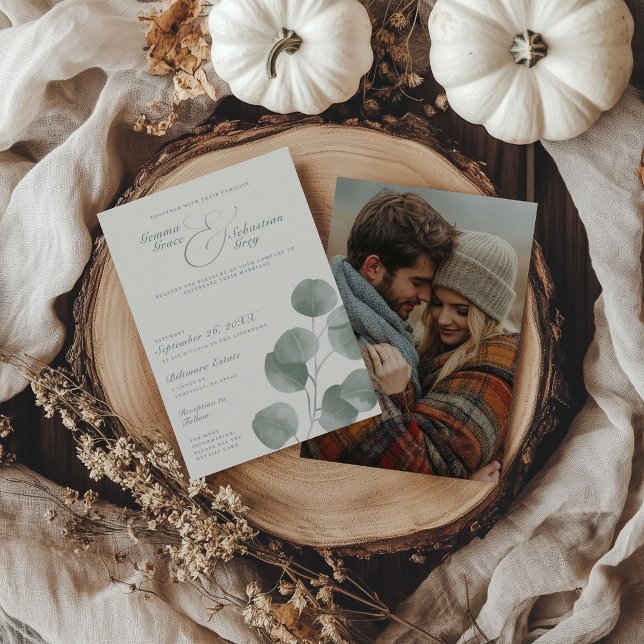 Elegant Ivory & Sage Fall Botanical Photo Wedding Invitation (Creator Uploaded)