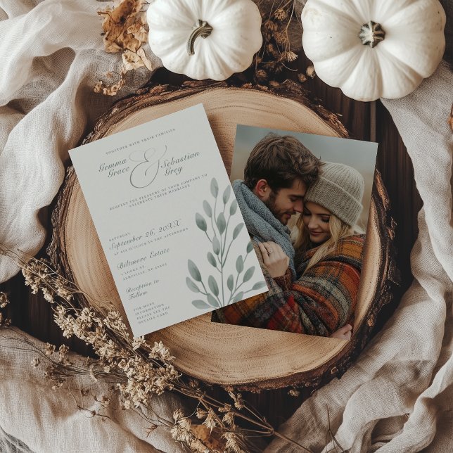Elegant Ivory & Sage Fall Botanical Photo Wedding Invitation (Creator Uploaded)