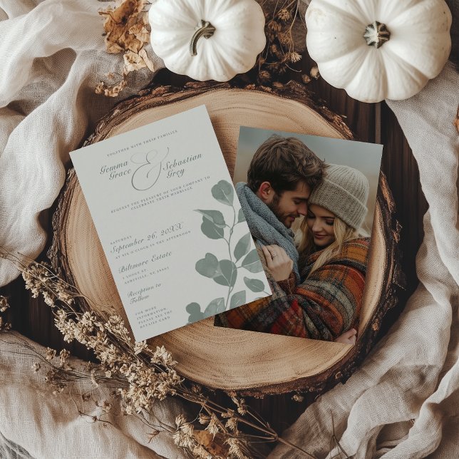 Elegant Ivory & Sage Fall Botanical Photo Wedding Invitation (Creator Uploaded)
