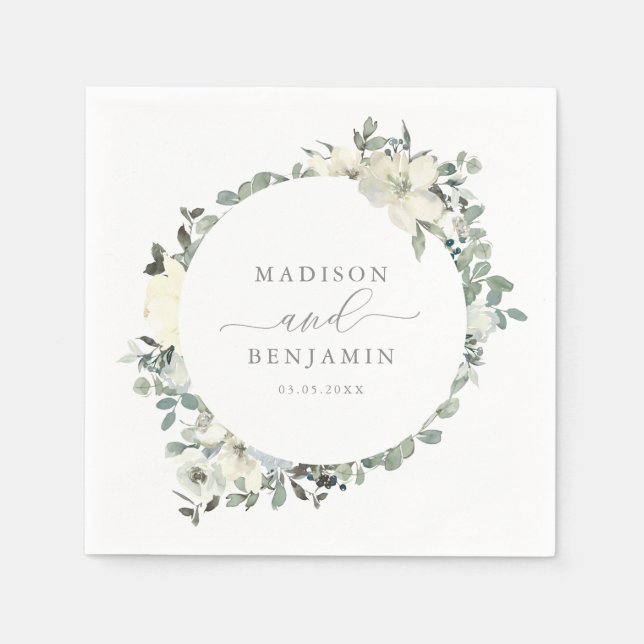 Elegant Ivory Sage Floral Greenery Wedding Napkins (Front)