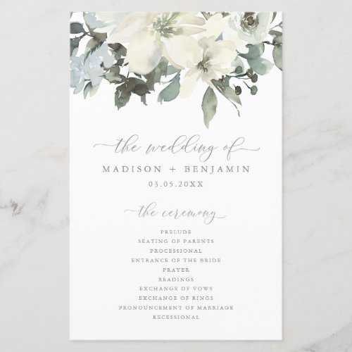 Elegant Ivory Sage Floral Greenery Wedding Program