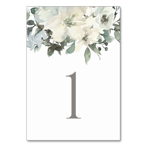 Elegant Ivory Sage  Floral Greenery Wedding Table Number