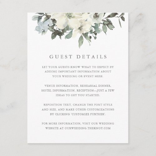 Elegant Ivory Sage Floral Wedding Guest Details Enclosure Card