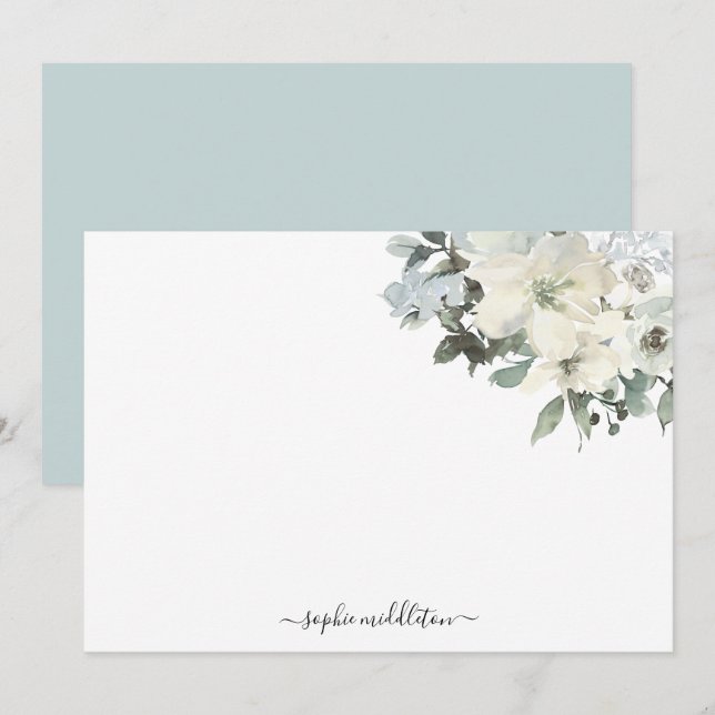 Elegant Ivory Sage Watercolour Floral  Note Card (Front/Back)