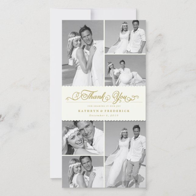 Elegant Ivory Scalloped Band 6 Photo Chic Wedding Thank You Card (Front)