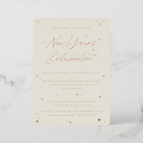 Elegant Ivory Scattered Stars New Year Party Foil Invitation