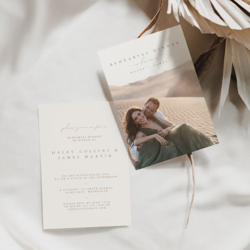 Elegant Ivory Script Photo Rehearsal Dinner Invitation