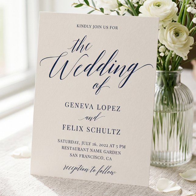Elegant Ivory Script Wedding Details Invitation (Elegant navy script wedding invitation in a soft ivory floral mockup.)