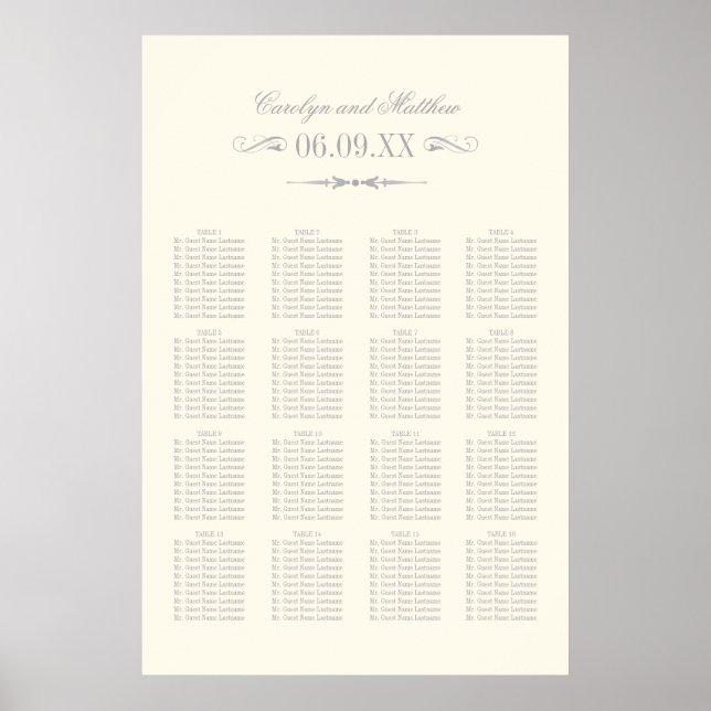 Elegant Ivory Silver Flourish Wedding Seating Poster (Front)