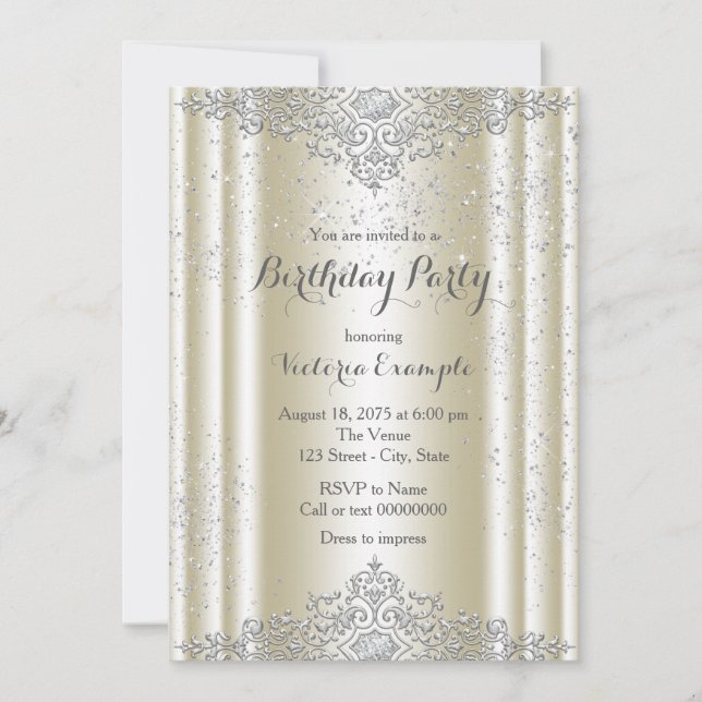 Elegant Ivory Silver Glitter Birthday Party Invitation (Front)
