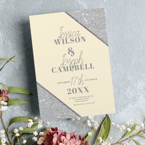 Elegant ivory silver glitter typography wedding invitation