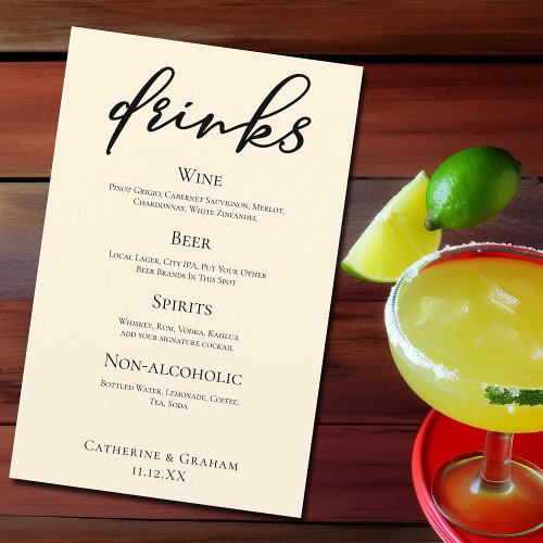 Elegant Ivory Simple Wedding Bar Menu Drinks