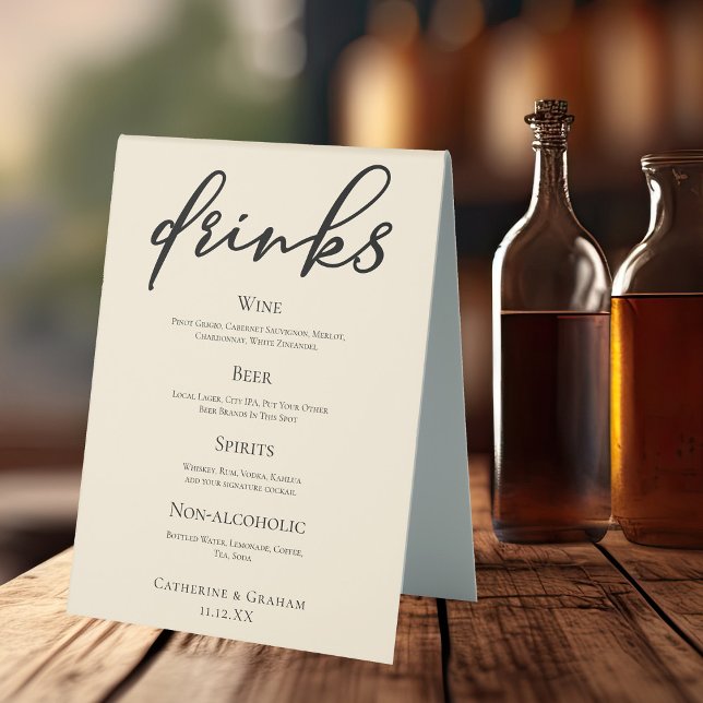 Elegant Ivory Simple Wedding Bar Menu Drinks Table Tent (Creator Uploaded)