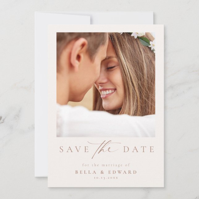 Elegant Ivory Taupe Photo Wedding Save The Date (Front)