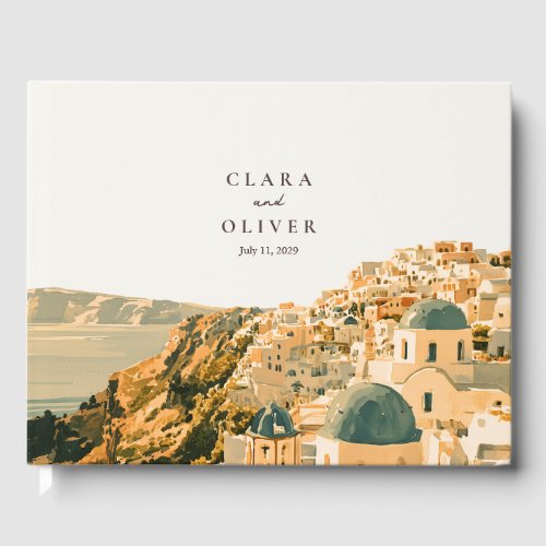 Elegant Ivory Teal Santorini Caldera Sea Wedding Guest Book
