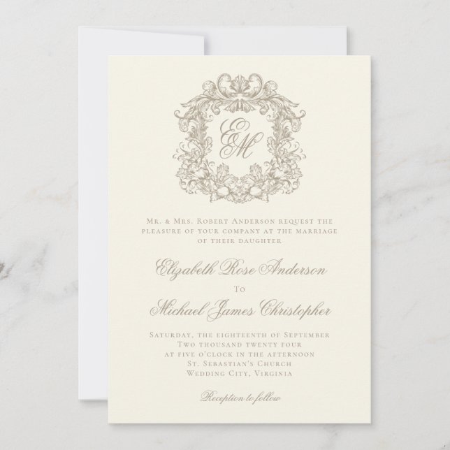 Elegant Ivory Vintage Crest Monogram Wedding Invitation (Front)
