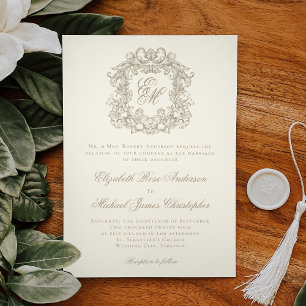 Elegant Ivory Vintage Crest Monogram Wedding Invitation