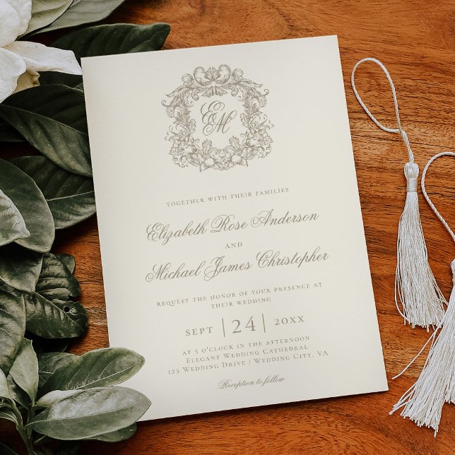 Elegant Ivory Vintage Monogram Crest Wedding Invitation (Creator Uploaded)