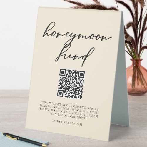 Elegant Ivory Wedding Honeymoon Fund QR Code Table Tent