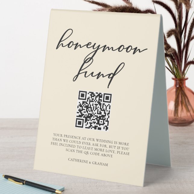 Elegant Ivory Wedding Honeymoon Fund QR Code Table Tent (In SItu (Table))