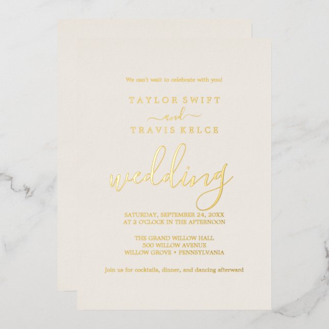 Elegant Ivory Wedding Invitation with Gold  Foil Invitation (Front/Back)