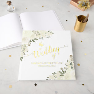 Elegant Ivory White Boho Floral Foil Wedding Foil Guest Book