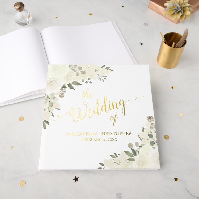 Elegant Ivory White Boho Floral Foil Wedding Foil Guest Book (Front Open)