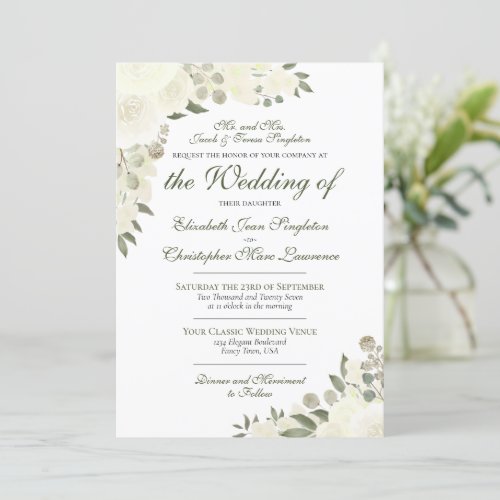 Elegant Ivory White Boho Floral Formal Wedding Invitation