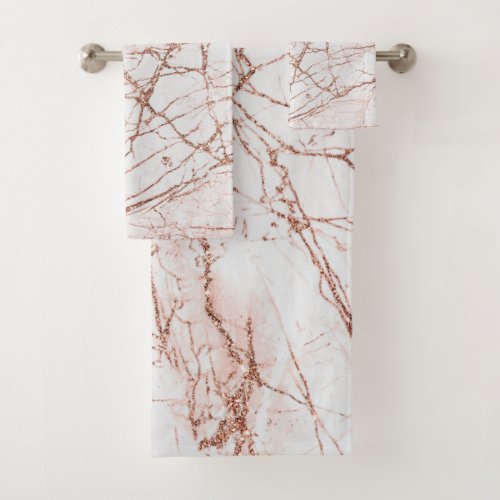 Elegant ivory white faux rose gold glitter marble bath towel set