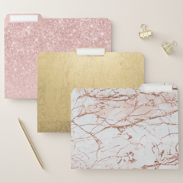 Elegant ivory white faux rose gold glitter marble file folder (Set)