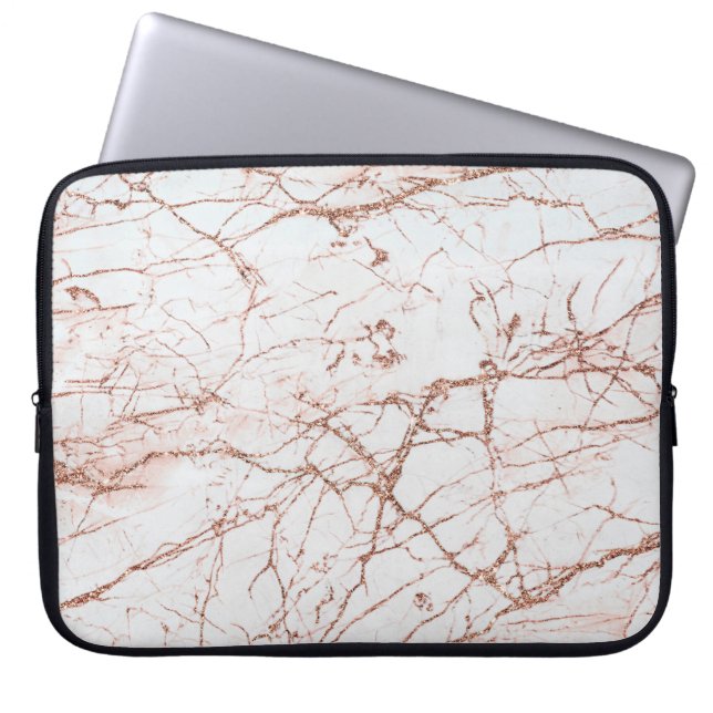 Elegant ivory white faux rose gold glitter marble laptop sleeve (Front)