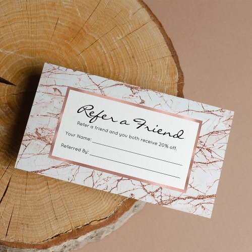 Elegant ivory white faux rose gold glitter marble referral card