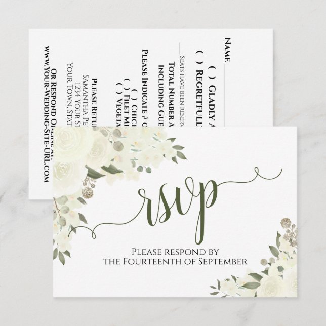 Elegant Ivory White Floral Calligraphy Wedding RSVP Card (Front/Back)