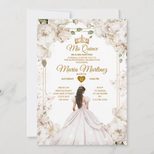 Elegant Ivory White Floral Spanish Girl Mis Quince Invitation