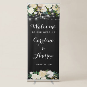 Elegant Ivory White Floral String Lights Wedding Retractable Banner