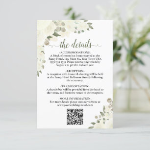 Elegant Ivory White Floral Wedding Details QR Code Enclosure Card
