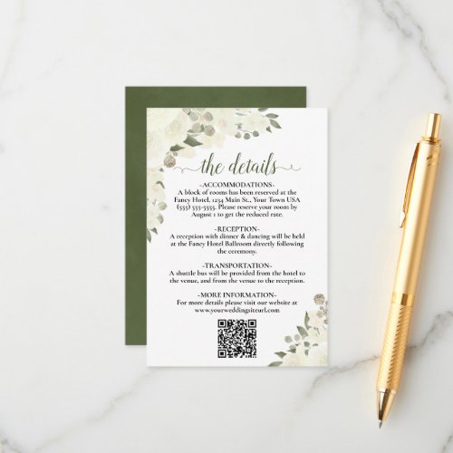 Elegant Ivory White Floral Wedding Details QR Code Enclosure Card