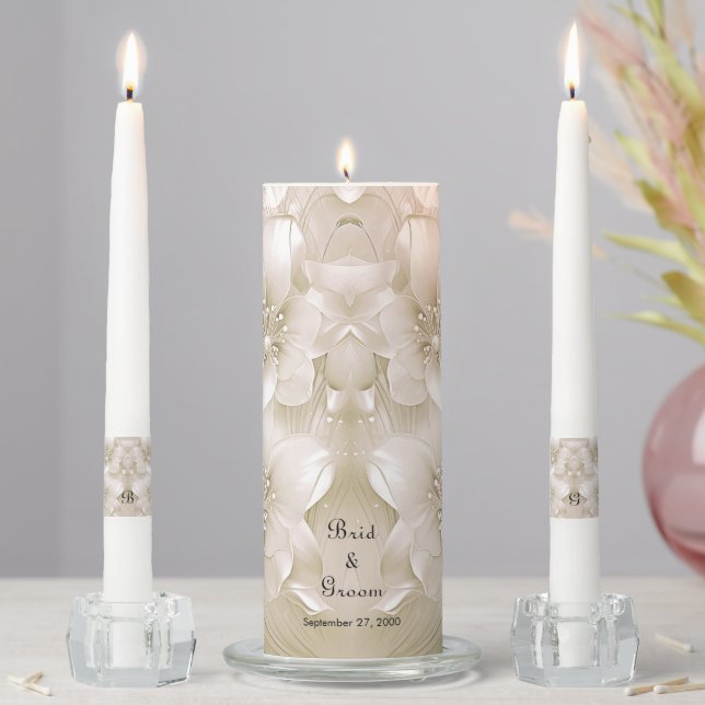 Elegant Ivory White Flowers Unity Candle Set (In Situ)