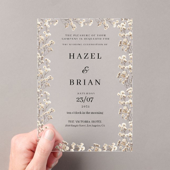 Elegant ivory white gypsophila floral Wedding Acrylic Invitations (Insitu (Handheld))