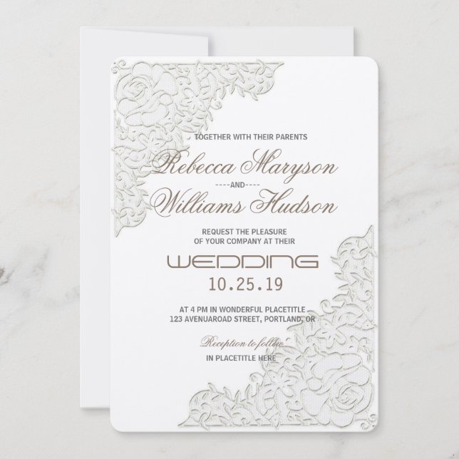 Elegant Ivory White Lace Corner Wedding Invitation (Front)