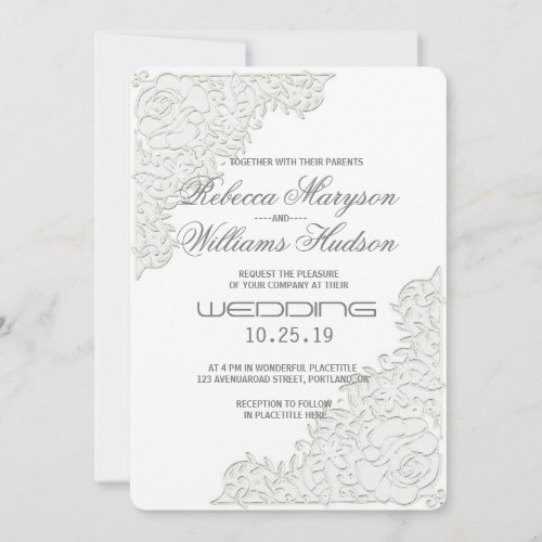 Elegant Ivory White Lace Corner Wedding Invitation