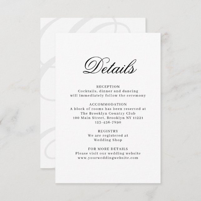 Elegant Ivory White Monogram Wedding Details Enclosure Card (Front/Back)