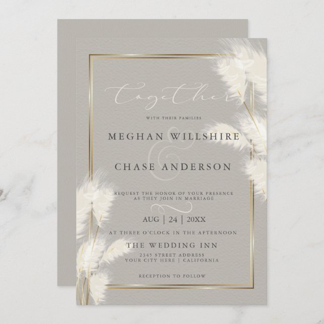 Elegant Ivory White Pampas Grass Invitation (Front/Back)
