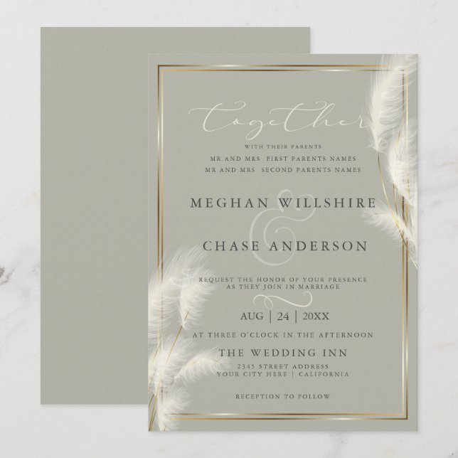 Elegant Ivory White Pampas Grass Pale Sage 2 Invitation (Front/Back)