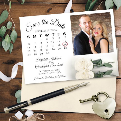 Elegant Ivory White Rose Calendar  Photo Wedding Save The Date