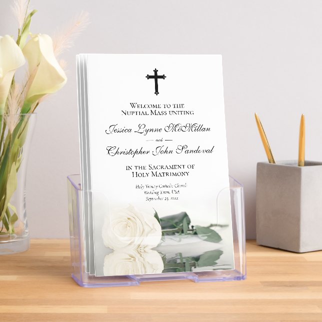 Elegant Ivory White Rose Catholic Wedding Program Brochure (Insitu)